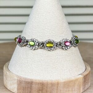90s Vintage Playful Multi Color Pastel Cabochon Floral Link Bracelet Silver Tone